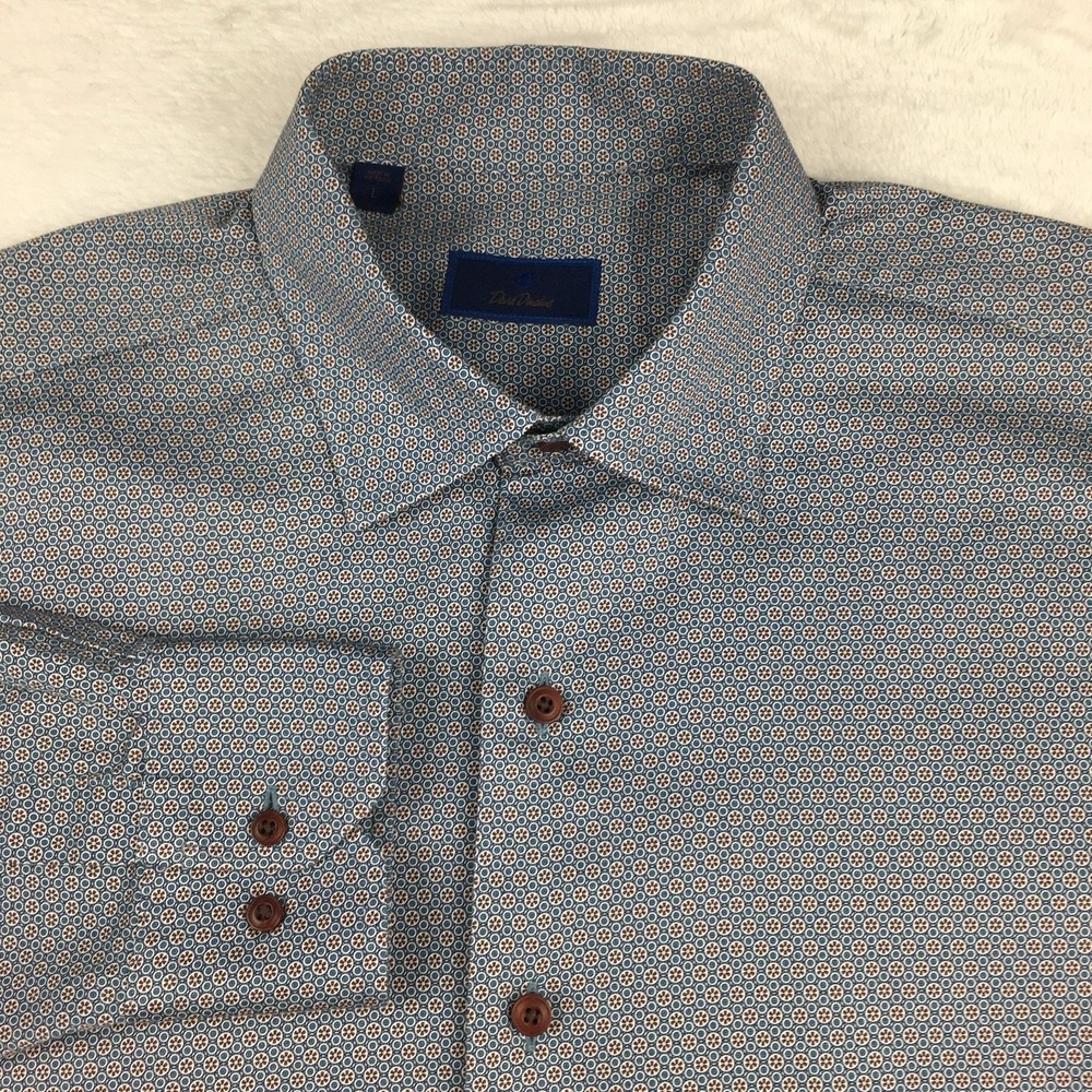 David Donahue Dress‎ Shirt Mens Large Blue/Brown Geometric Print Long Sleeves